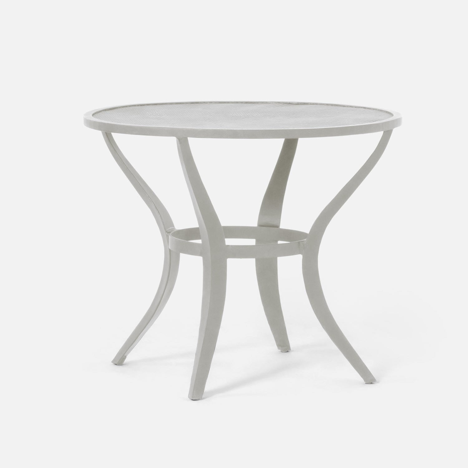 Round glass table with metal frame on a white background