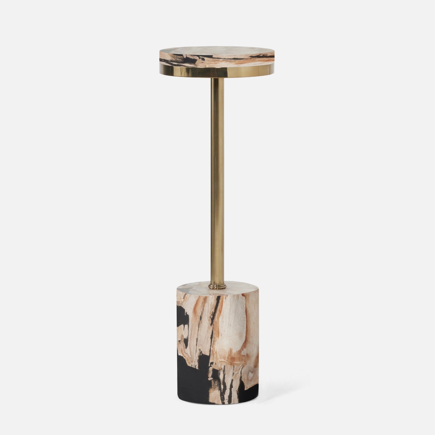 Marble-patterned side table with brass base on a white background