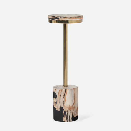 Marble-patterned side table with brass base on a white background