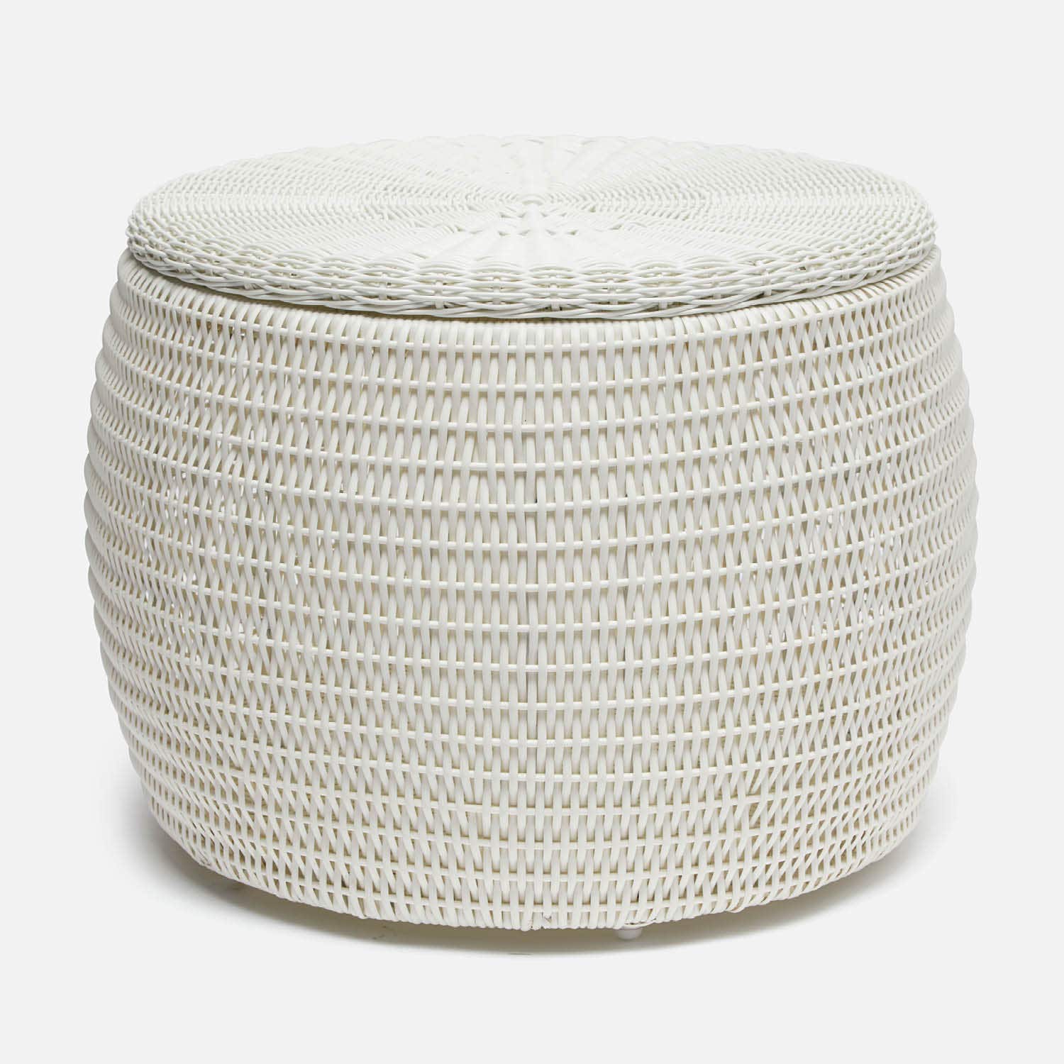 White woven coffee table on a light gray background