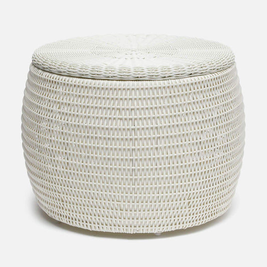 White woven coffee table on a light gray background