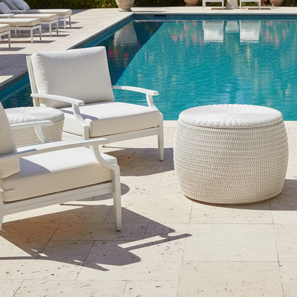 White outdoor patio furniture set by a swimming pool, featuring a round woven ottoman and matching lounge chairs with white cushions on a light stone tile deck.