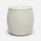 A round, woven rattan or wicker storage side table with a fitted lid, shown on a clean white background.