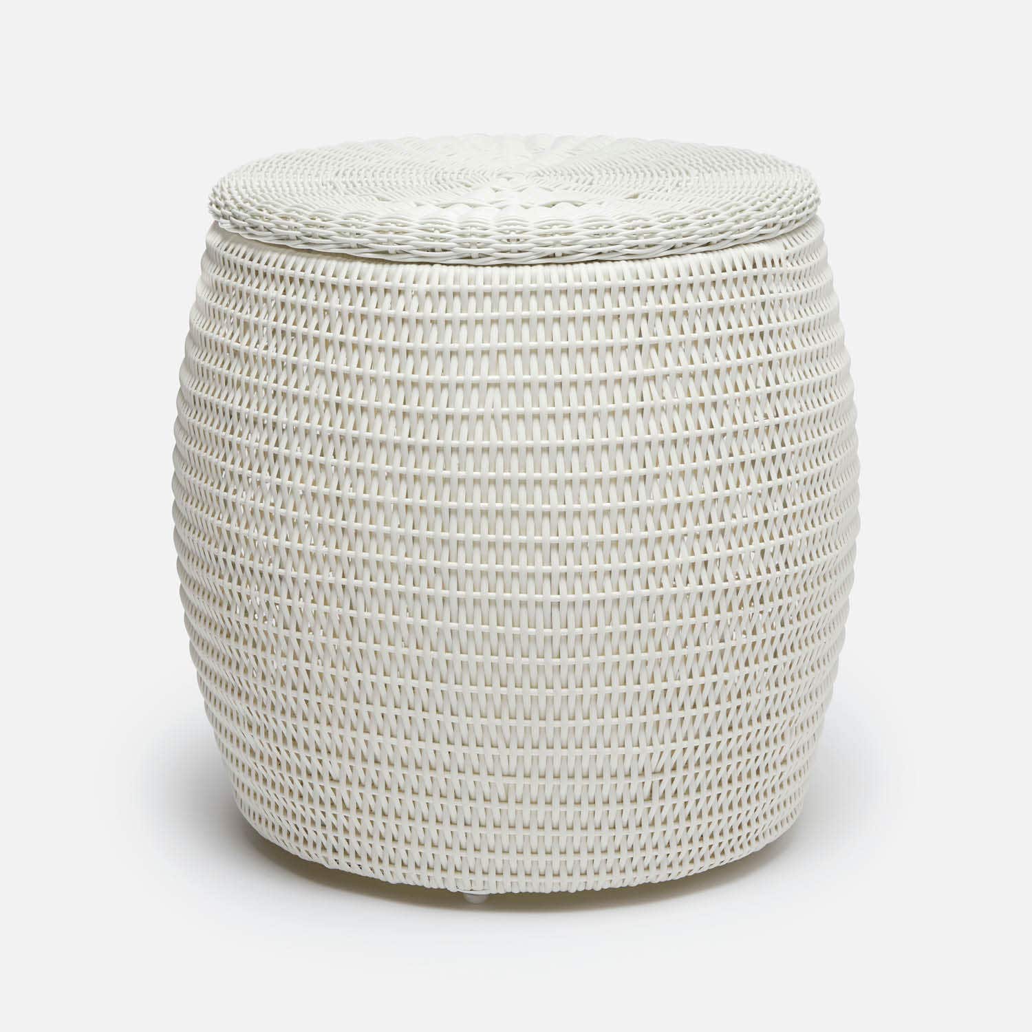 A round, woven rattan or wicker storage side table with a fitted lid, shown on a clean white background.