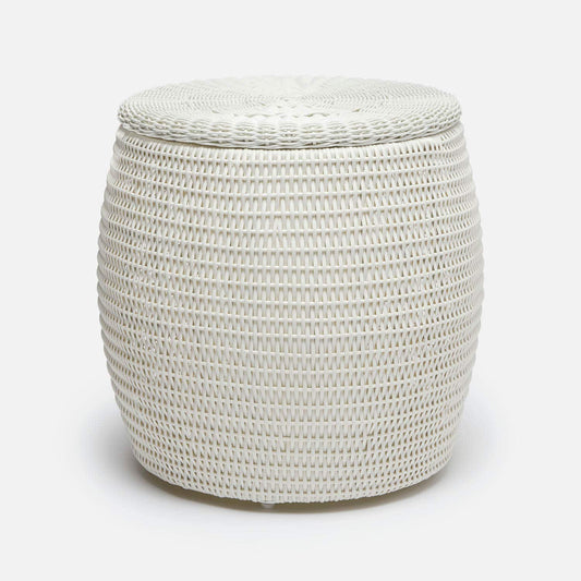 A round, woven rattan or wicker storage side table with a fitted lid, shown on a clean white background.