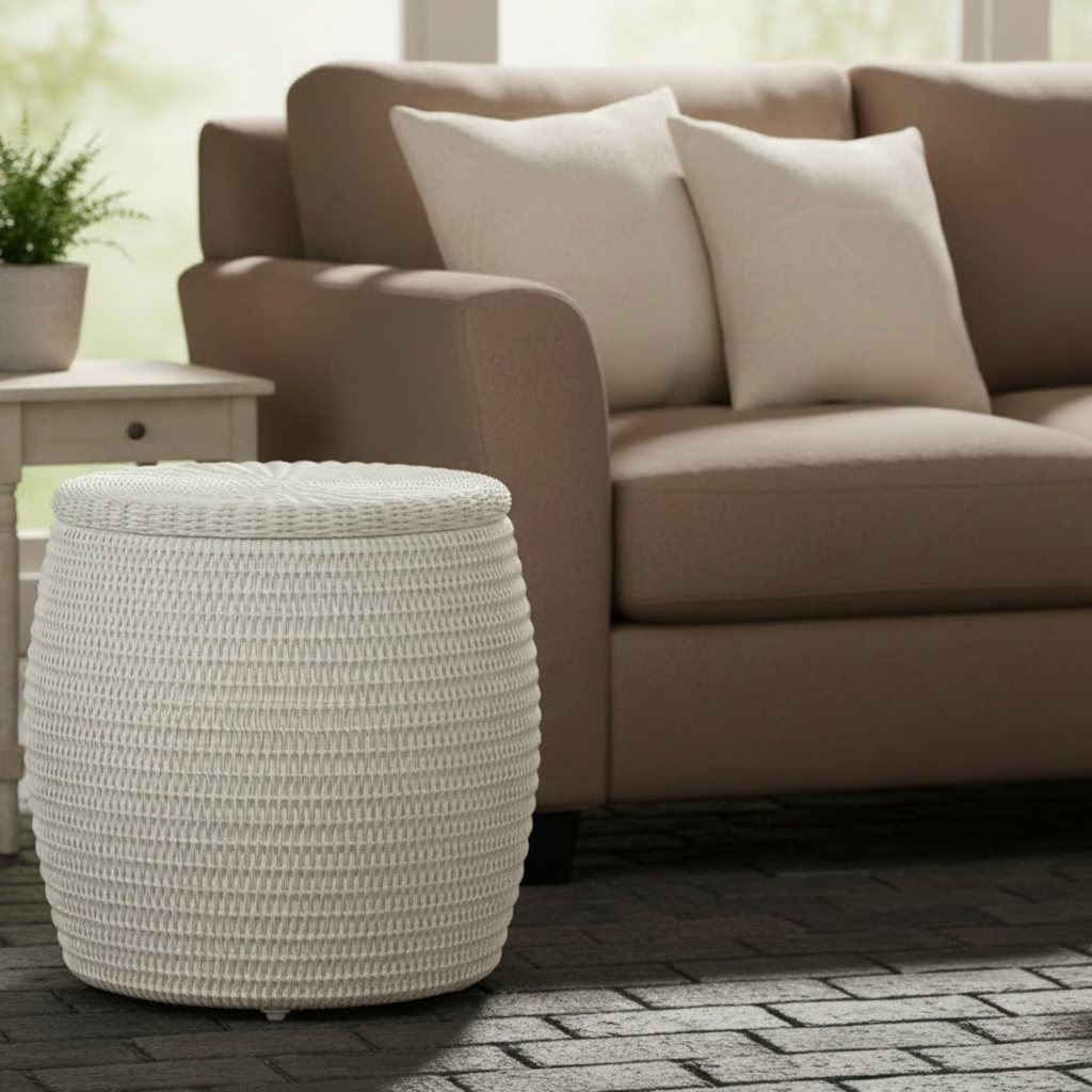 A round, ribbed white woven ottoman stool placed in front of a beige sofa with two cream pillows on a dark brick floor.