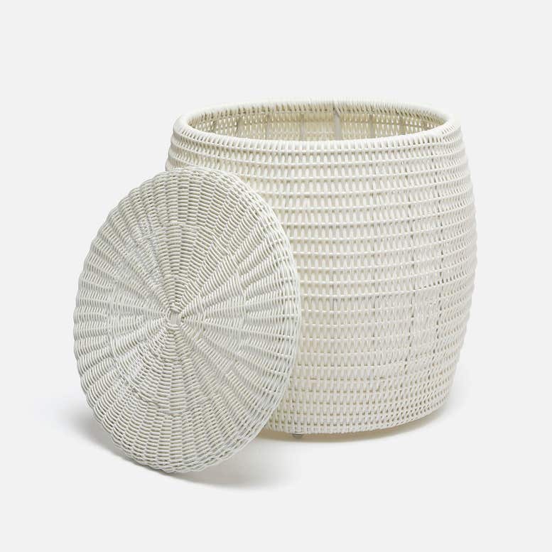 A white woven side table with a matching round lid, displayed on a clean white background.