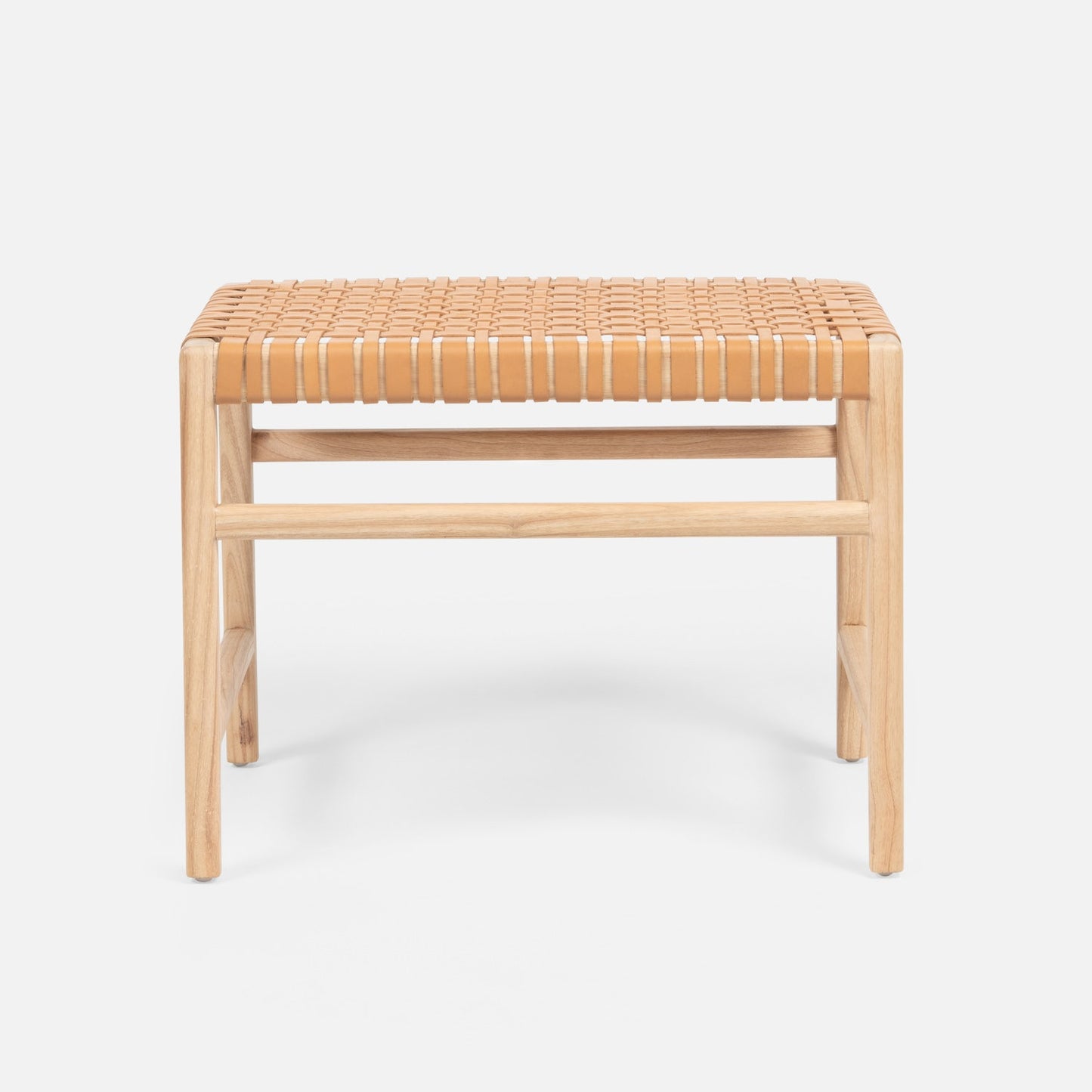 Woven stool with natural wood frame on a white background