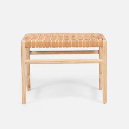 Woven stool with natural wood frame on a white background