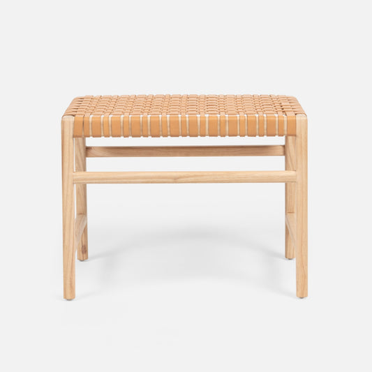 Woven stool with natural wood frame on a white background