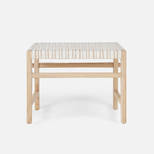 Wooden stool with a woven seat on a white background