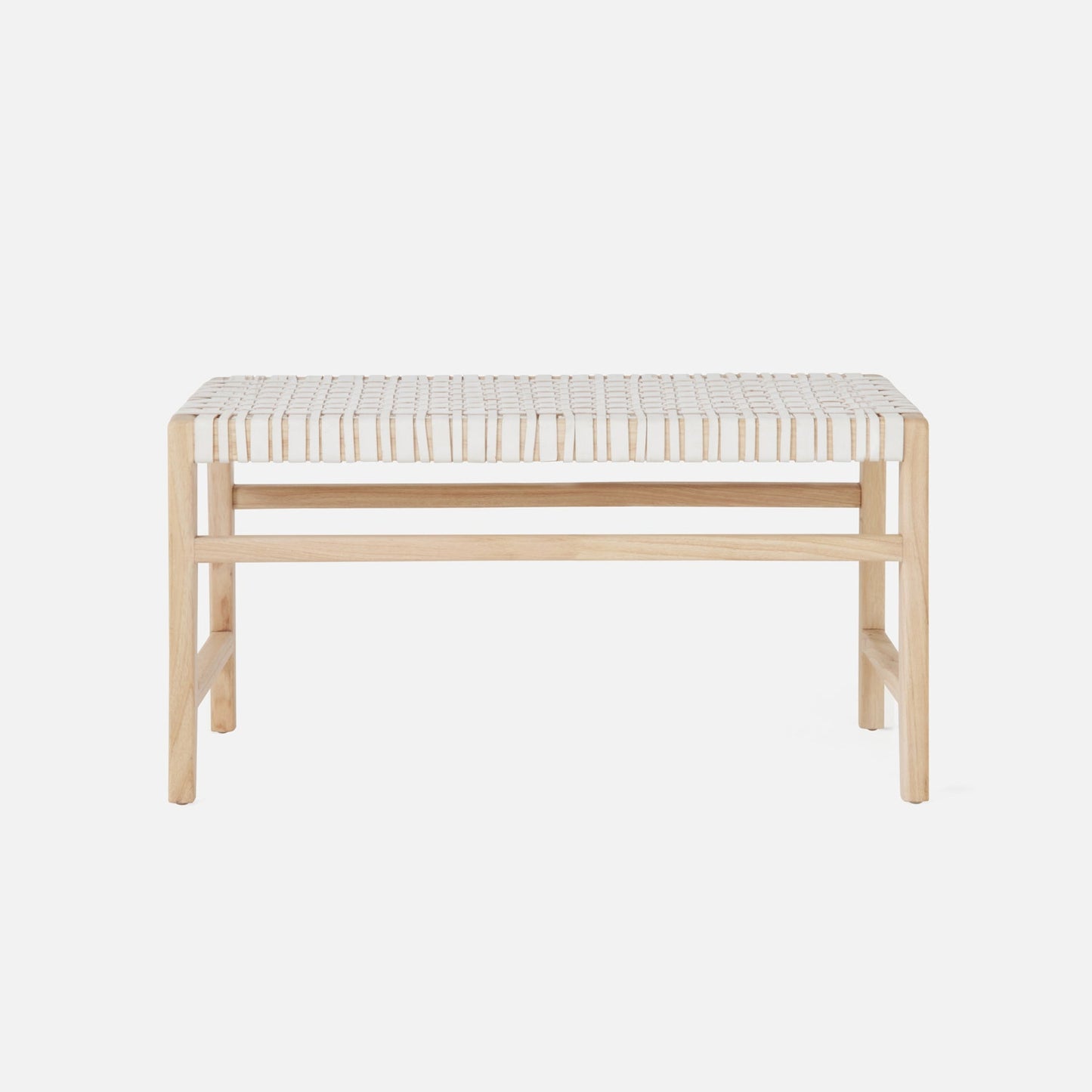 Wooden bench with woven seat on a white background