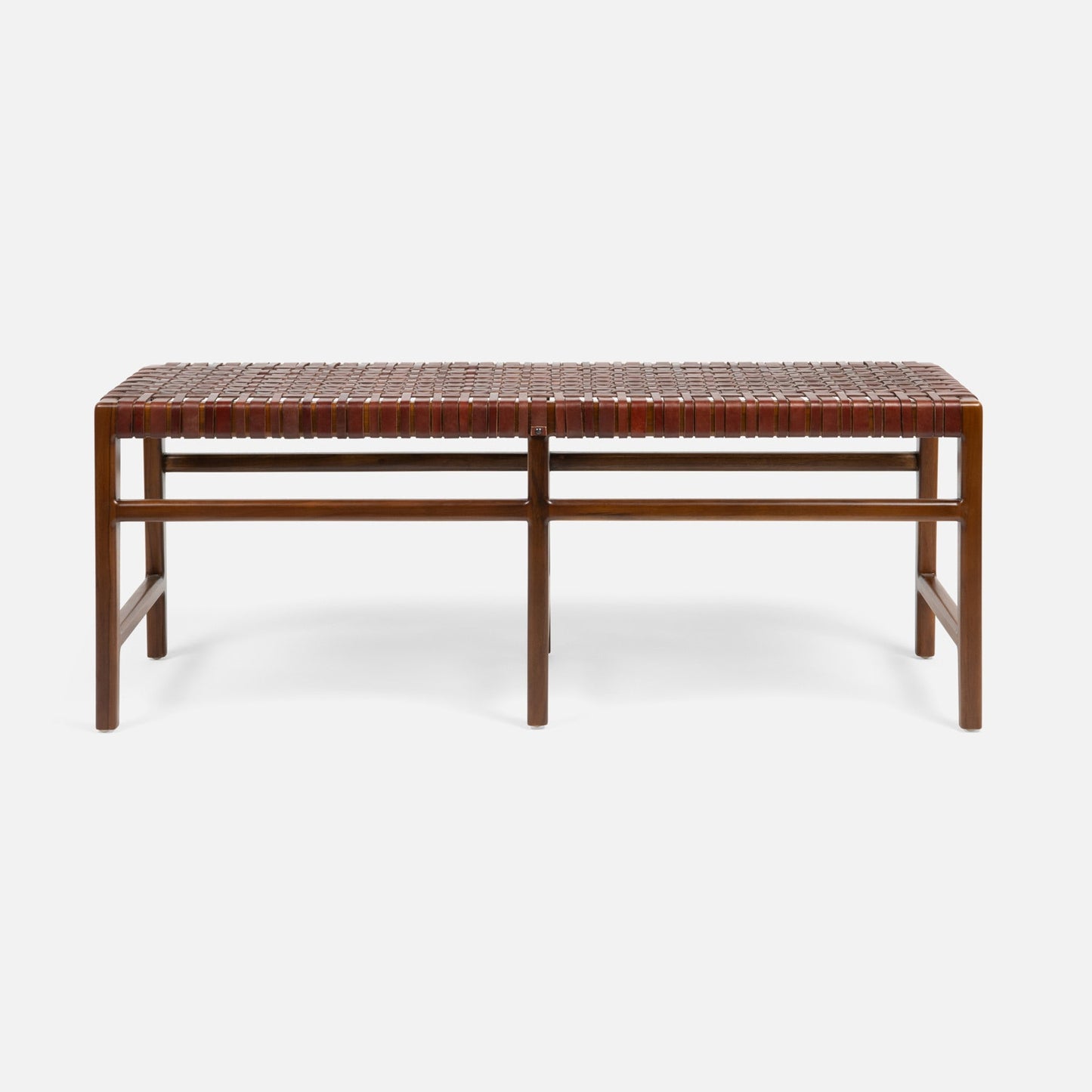 Woven bench with wooden frame on a white background