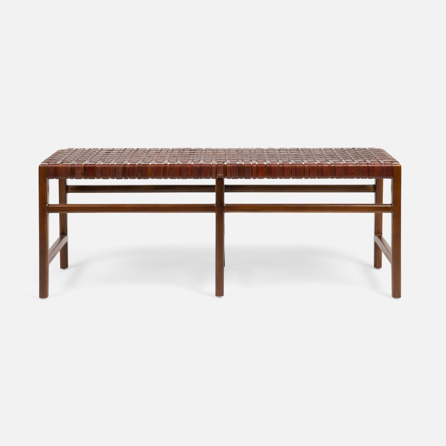 Woven bench with wooden frame on a white background