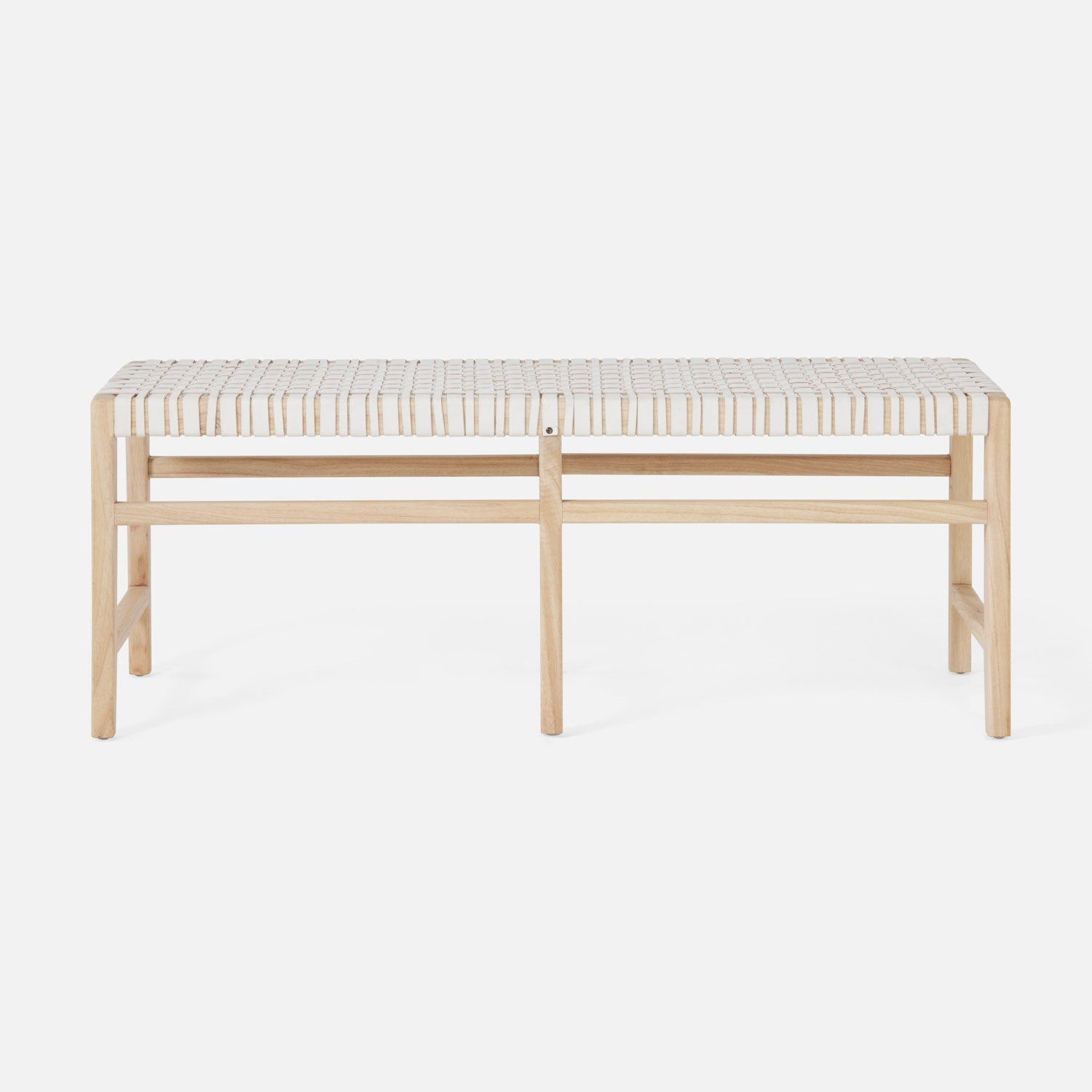 Wooden bench with a woven seat on a white background