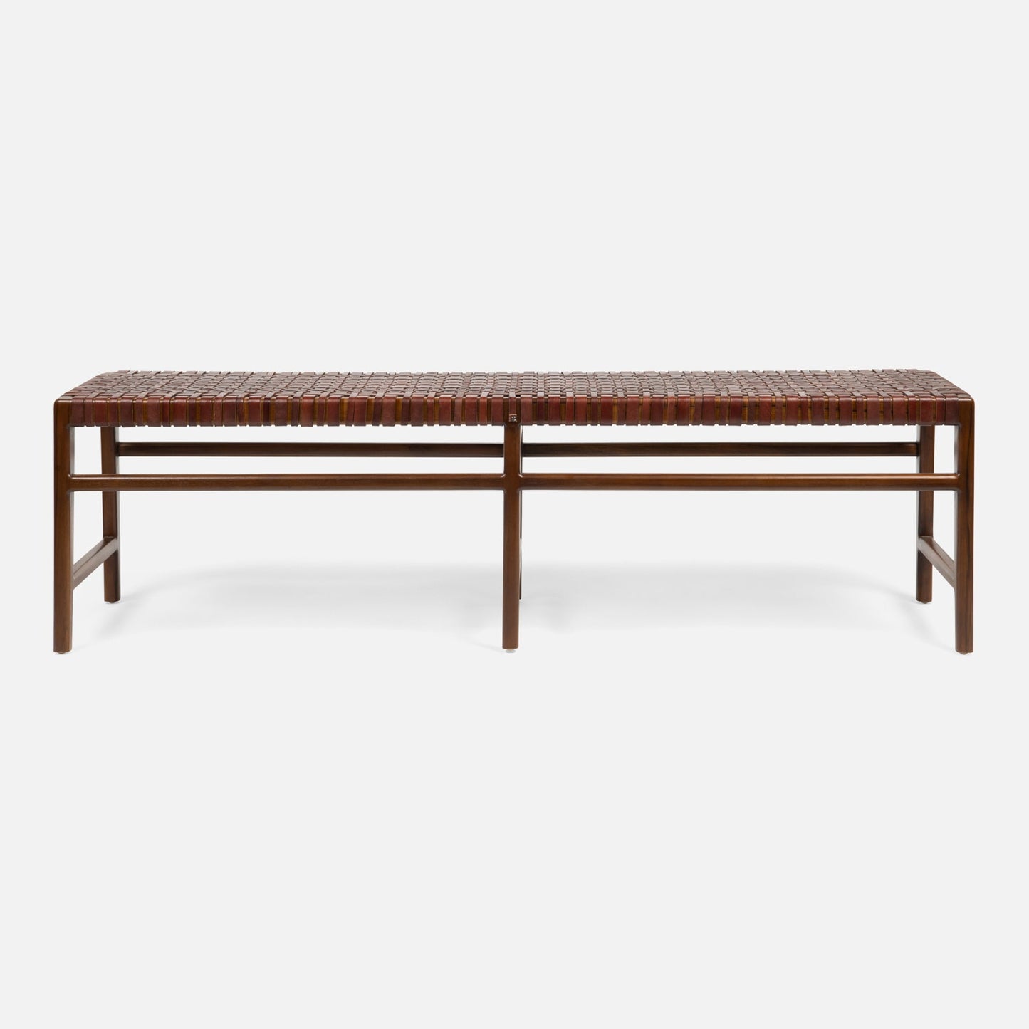 Wooden bench with woven top on a white background