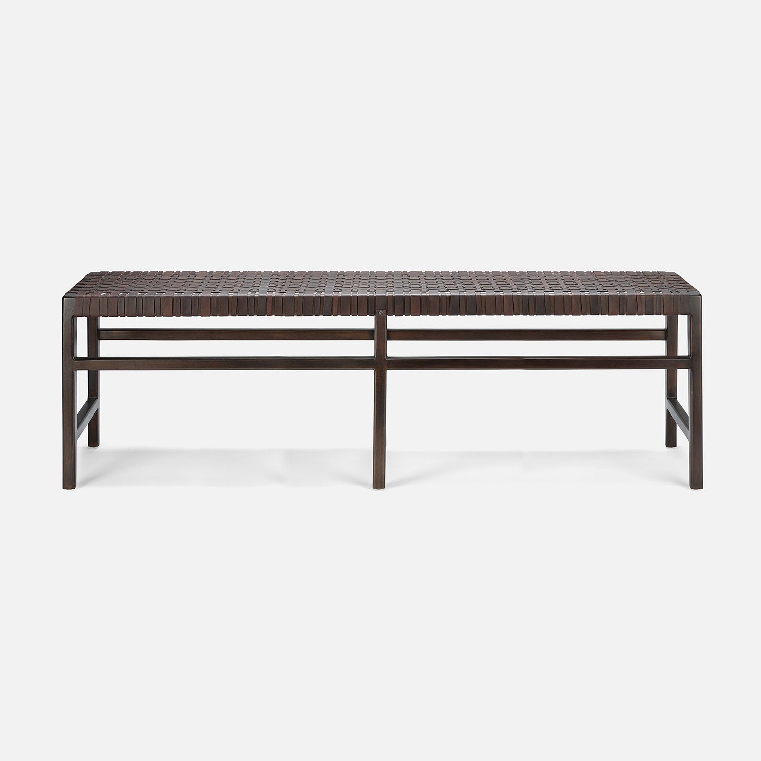 Brown woven outdoor bench on a white background