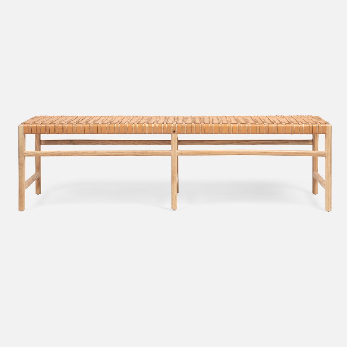 Wooden bench with woven seat on a white background