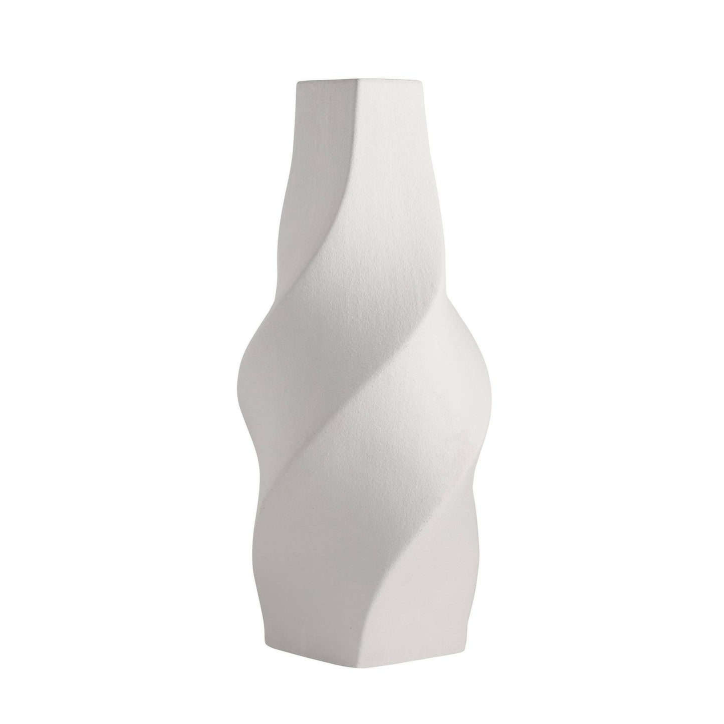 White, wavy-patterned vase on a white background