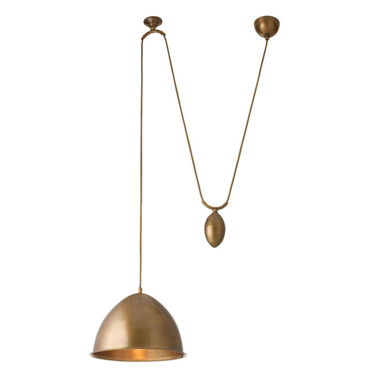 Gold pendant light with hanging chain on a white background