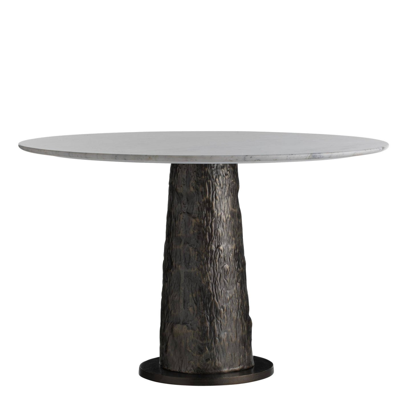 Round table with a marble top and aluminum base on a white background