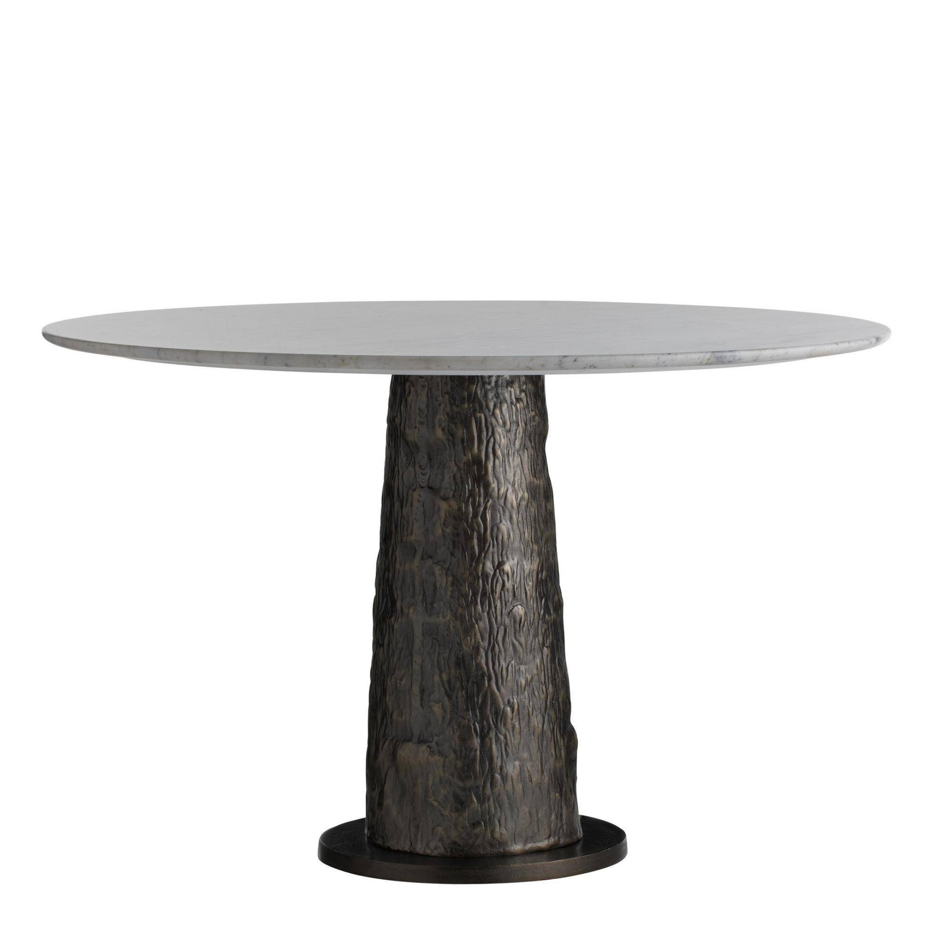 Round table with a marble top and aluminum base on a white background