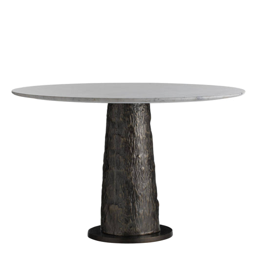 Round table with a marble top and aluminum base on a white background