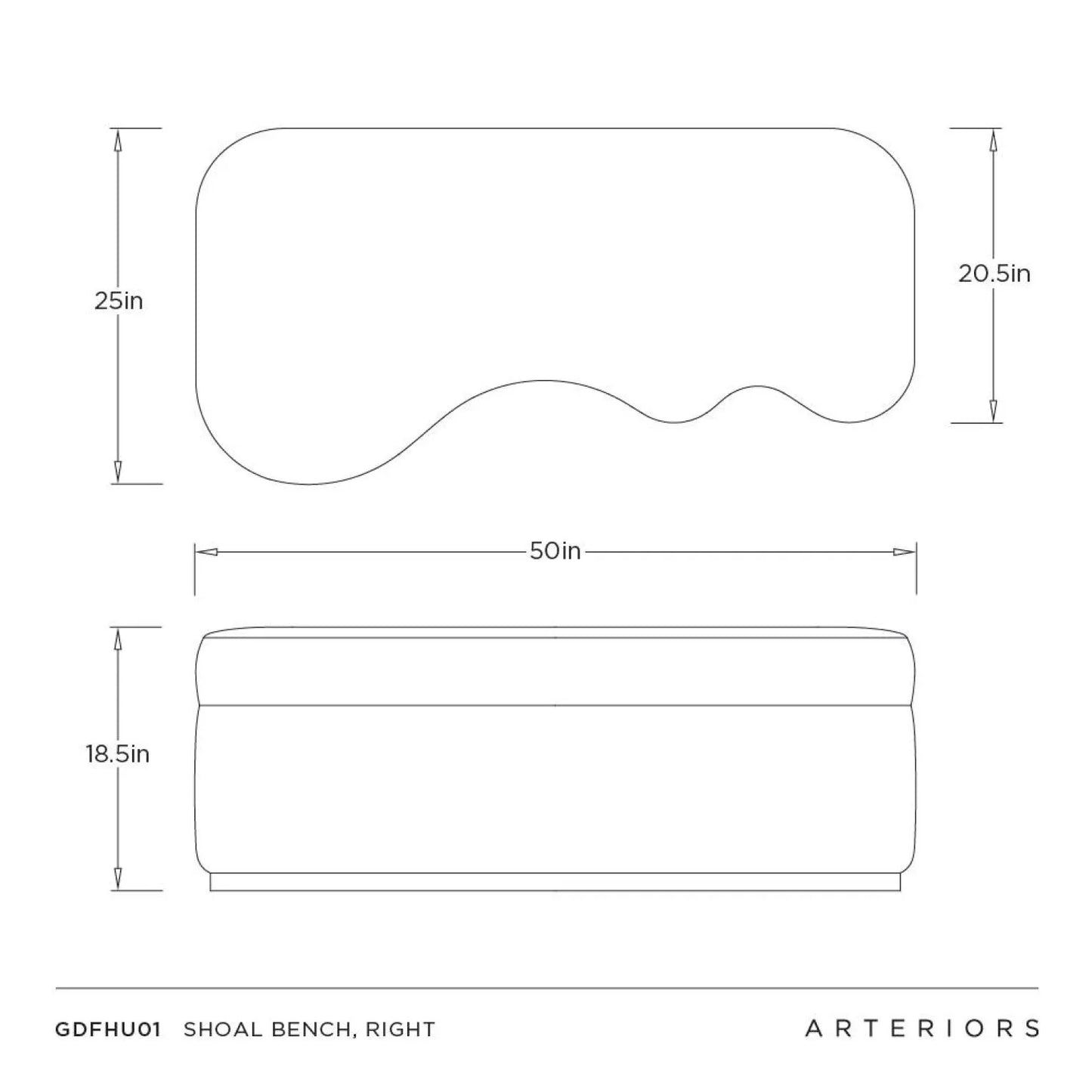 Technical drawing of a shoal bench with dimensions labeled, featuring the brand 'Arteriors'.