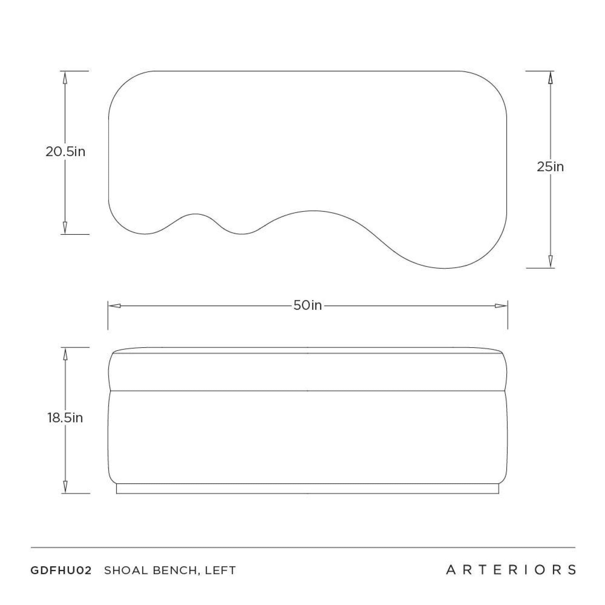 Dimensions of a Shoal Bench by Arteriors on a white background