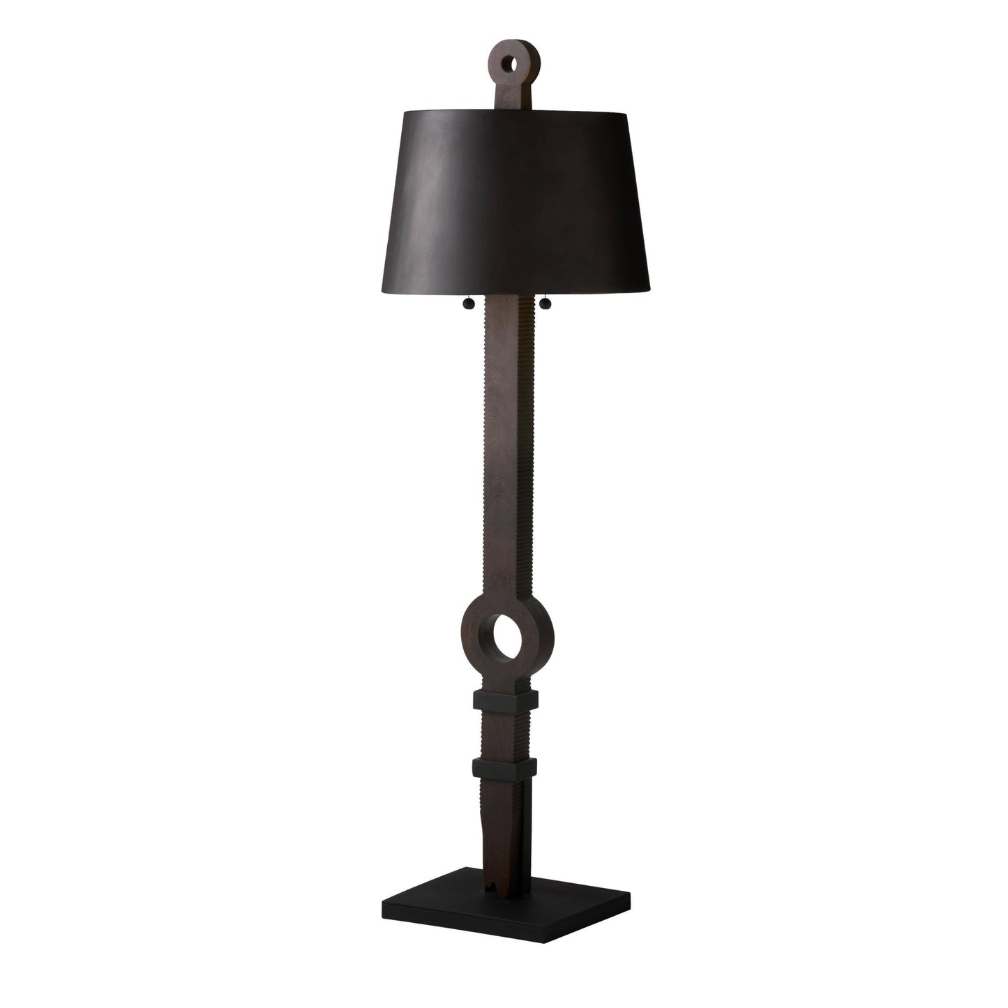Black floor lamp with decorative base on a white background