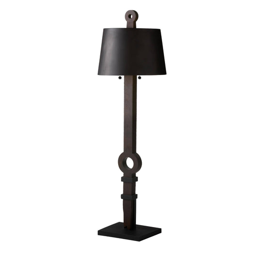 Black floor lamp with decorative base on a white background