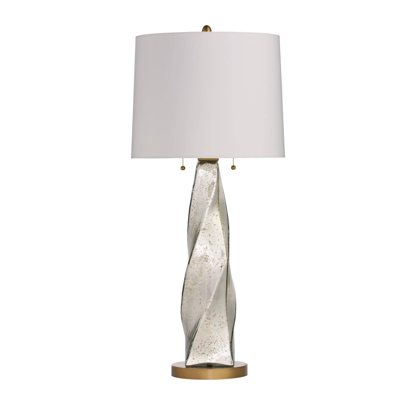 Table lamp with a decorative base and white shade on a white background