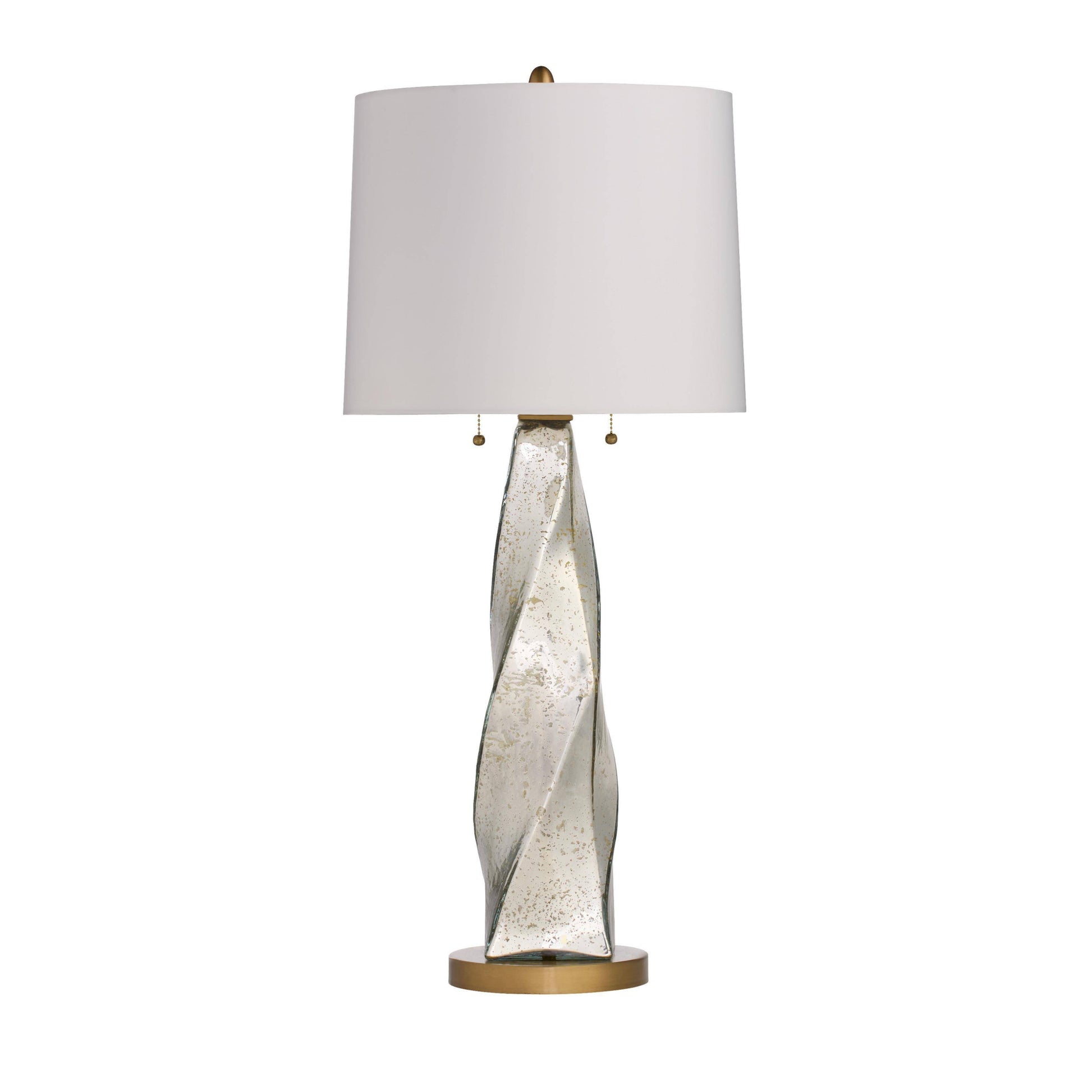 Table lamp with a decorative base and white shade on a white background