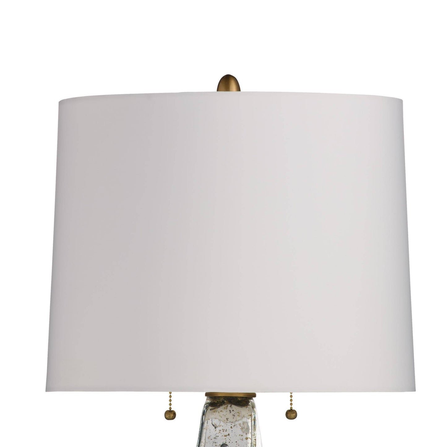 Table lamp with a white shade and gold accents on a white background
