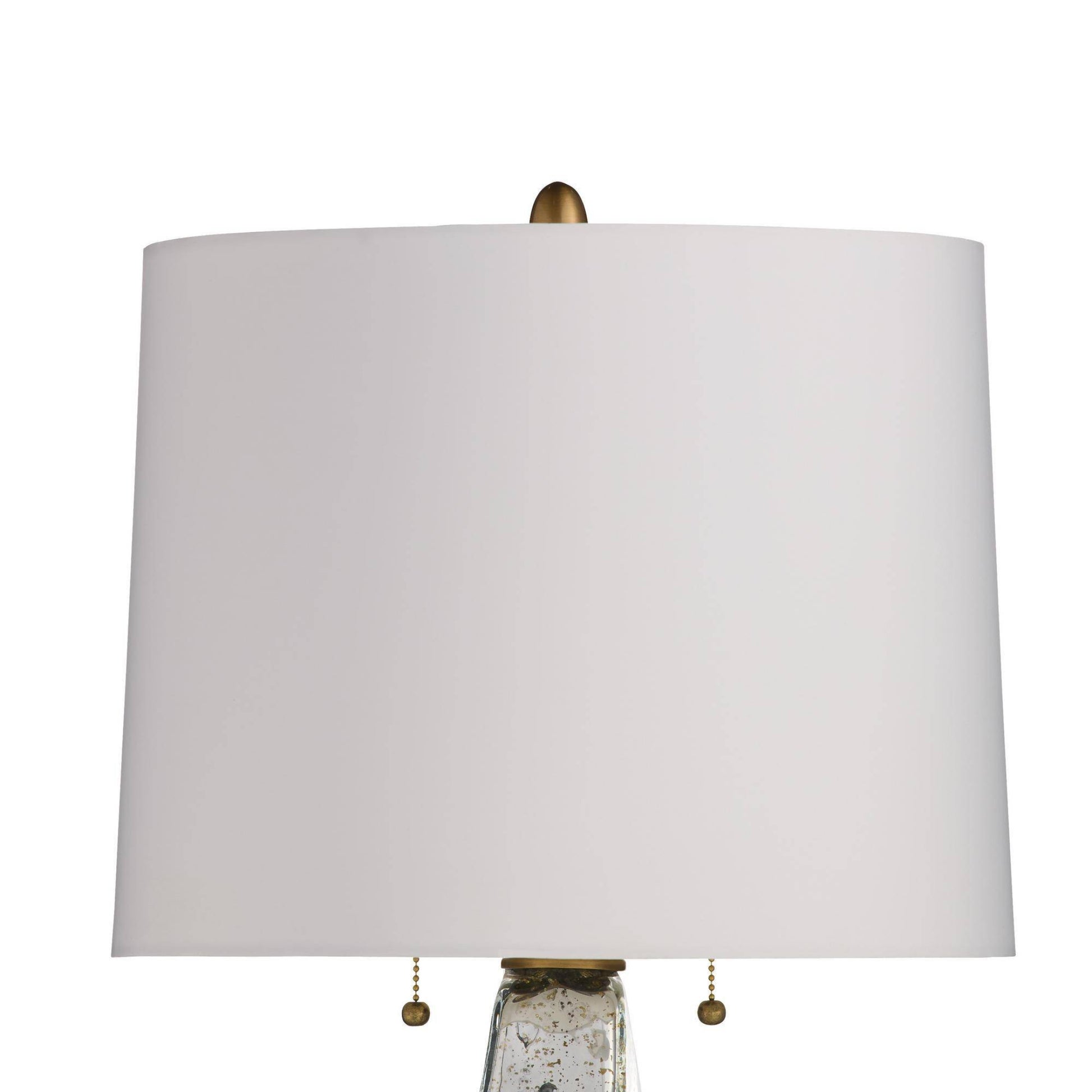 Table lamp with a white shade and gold accents on a white background