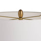 Decorative lamp with a gold fixture and white shade on a white background