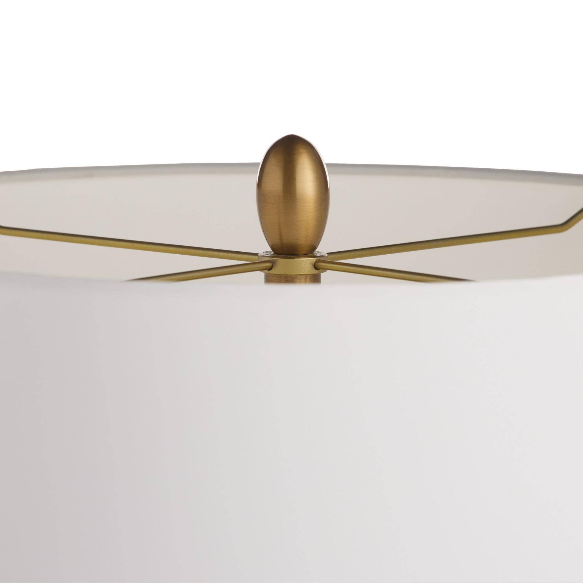 Decorative lamp with a gold fixture and white shade on a white background
