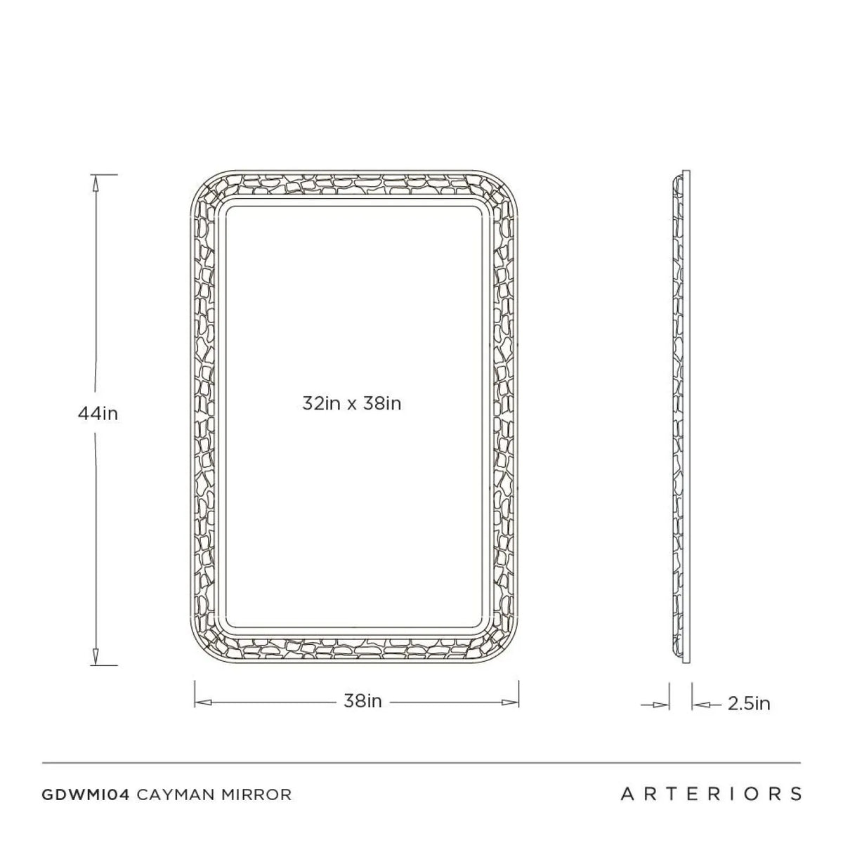 Technical dimension drawing of a rectangular cayman mirror with rounded corners, showing a front view, side profile, and labeled measurements including 44 in height, 32 in by 38 in mirror area, and 2.5 in side thickness.