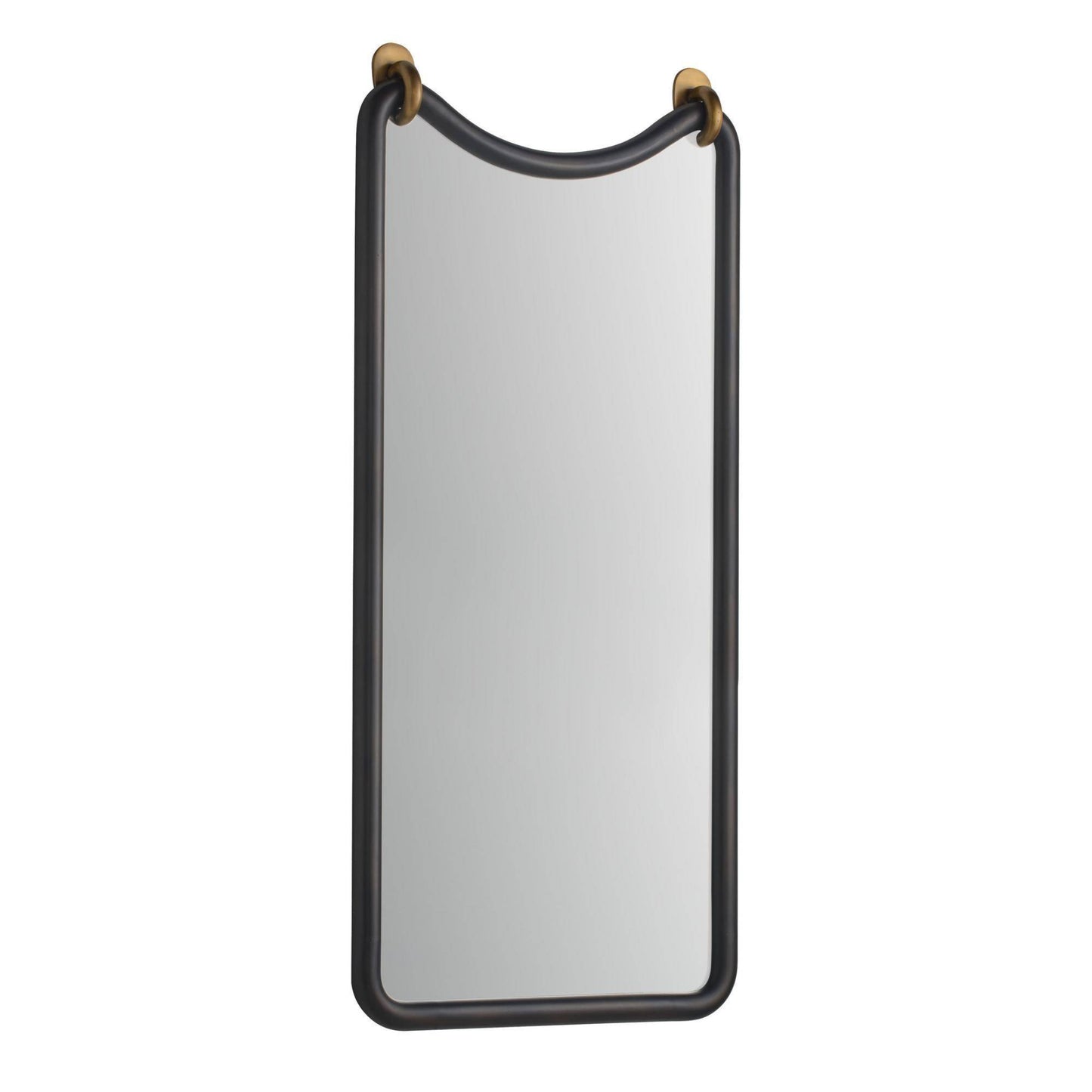 A tall rectangular wall mirror with a dark charcoal gray frame and brass hanging rings at the top, shown against a plain white background.