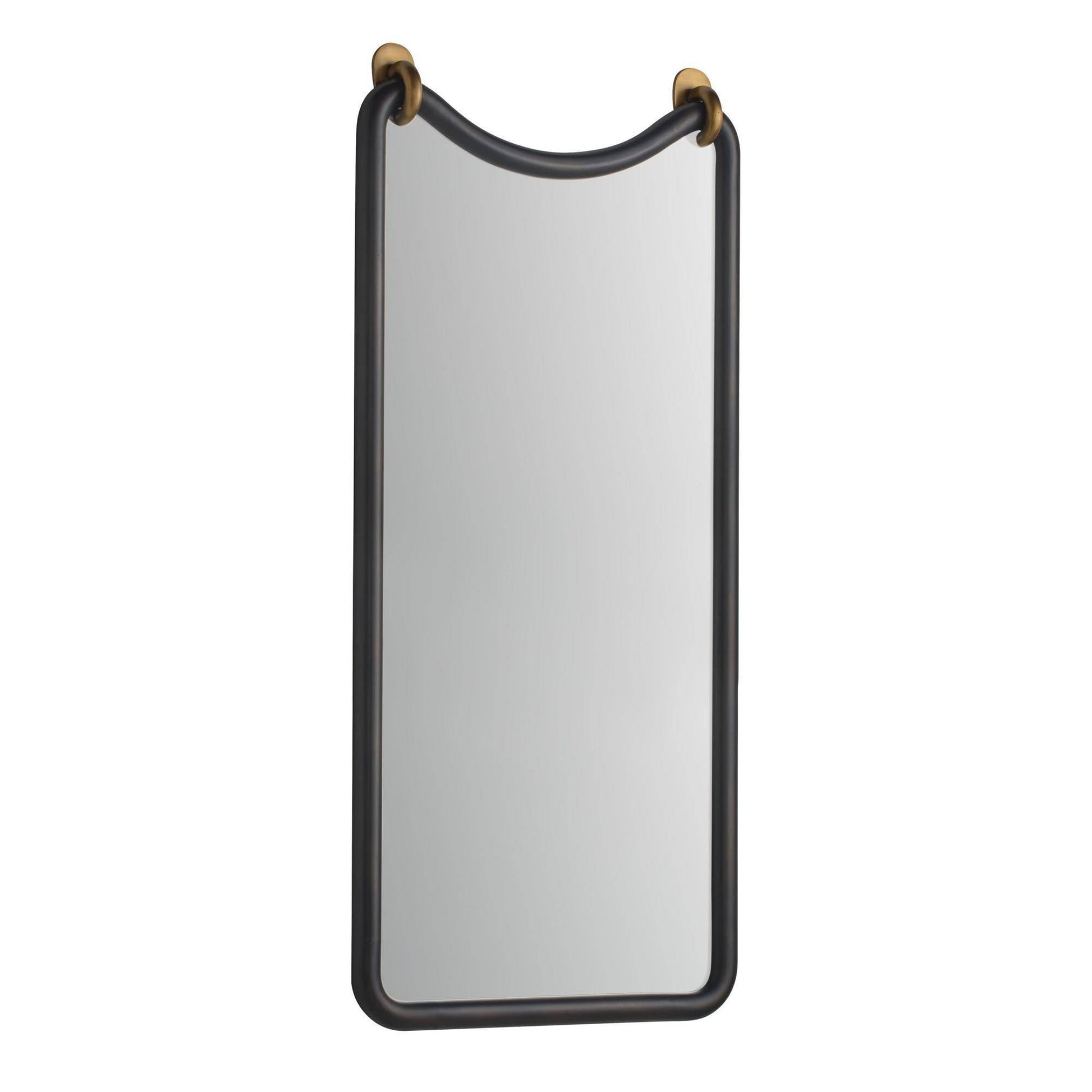 A tall rectangular wall mirror with a dark charcoal gray frame and brass hanging rings at the top, shown against a plain white background.