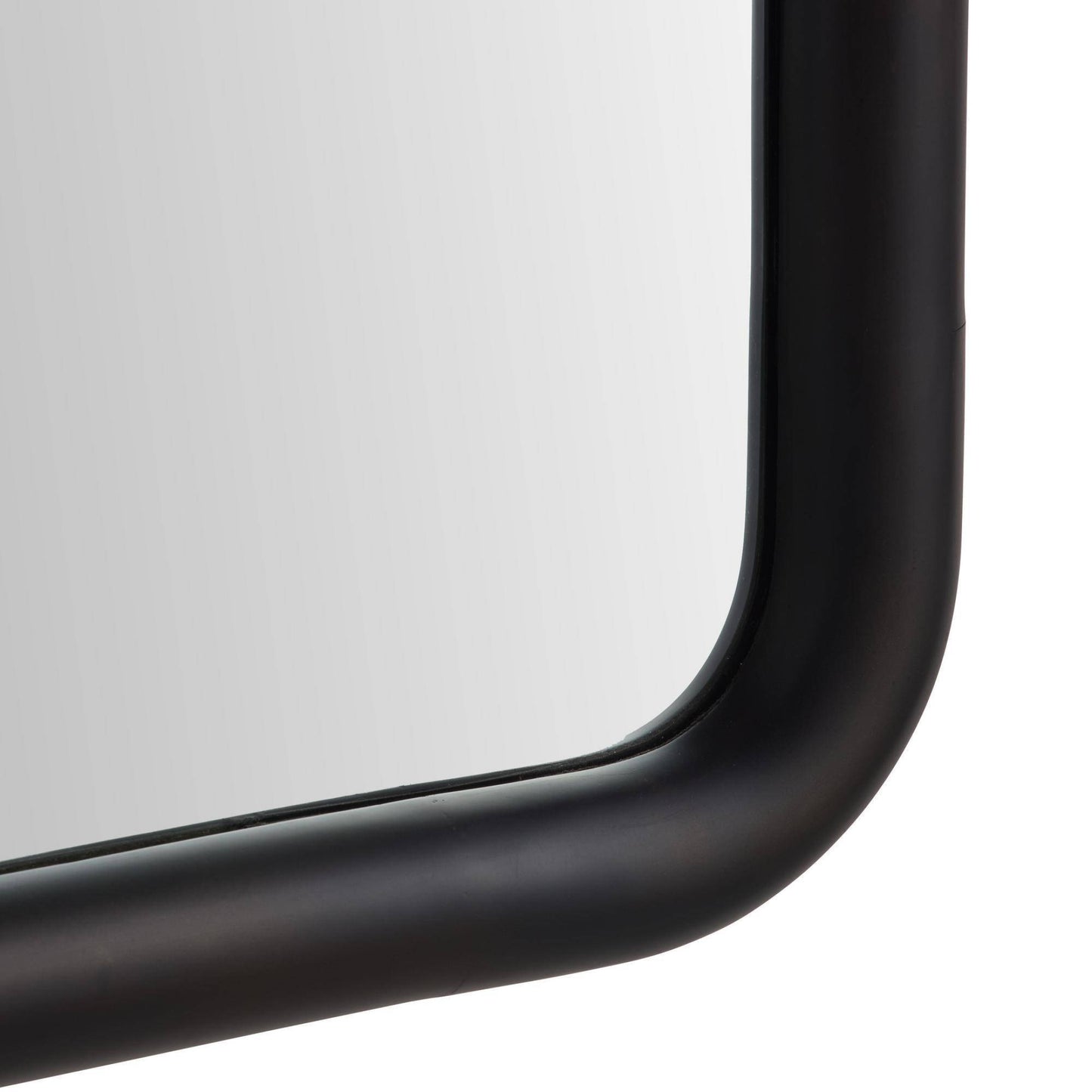 Close-up of a black-framed mirror on a white background