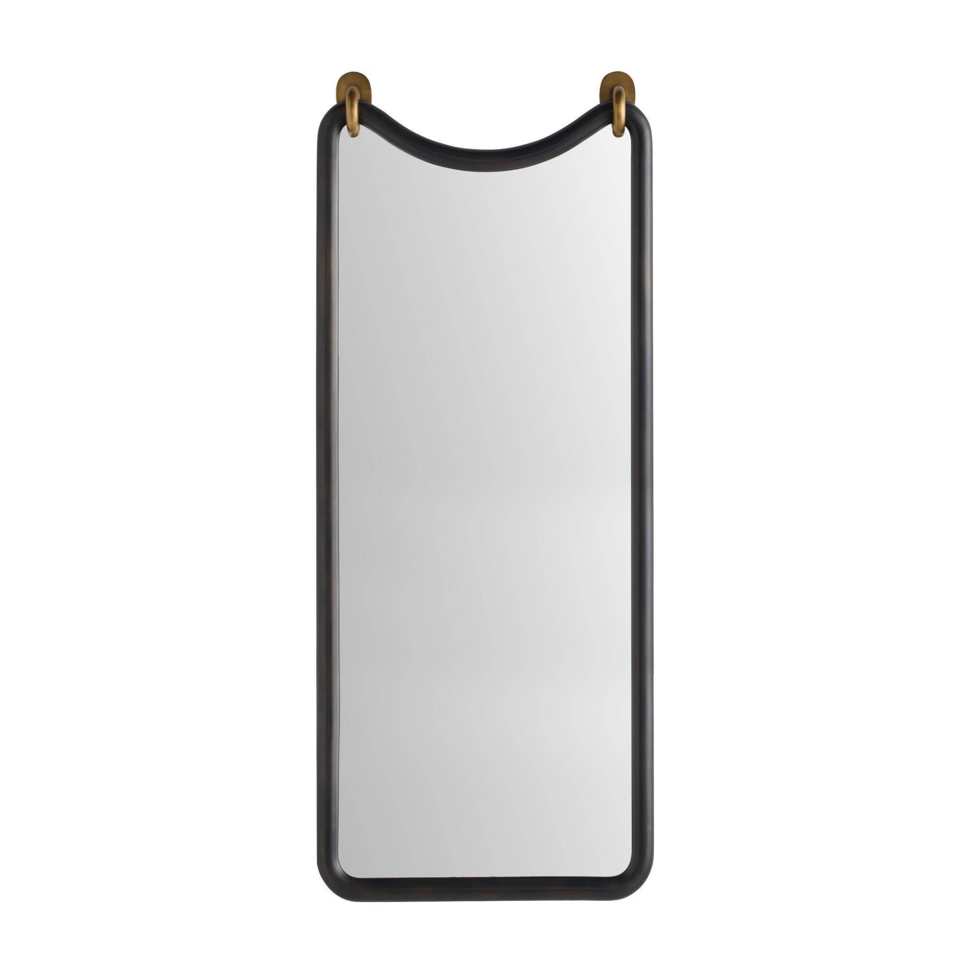 Rectangular mirror with black frame and gold accents on a white background