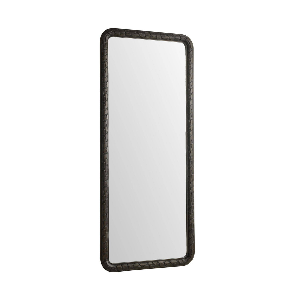 Rectangular mirror with a dark brown frame on a white background