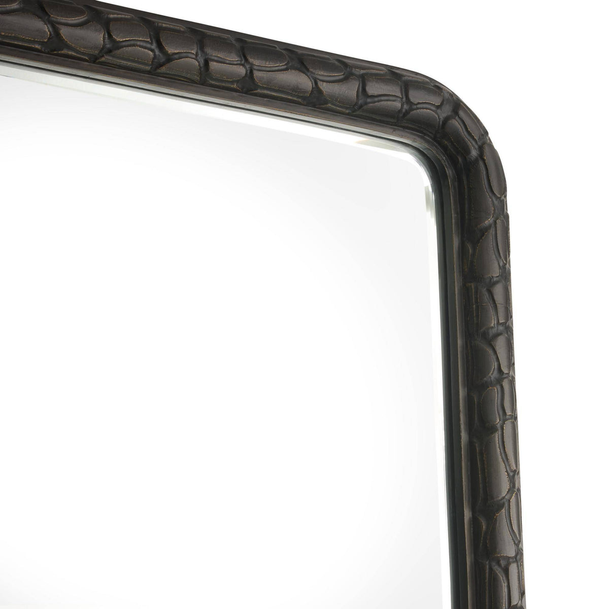 Rectangular mirror with a decorative black frame on a white background