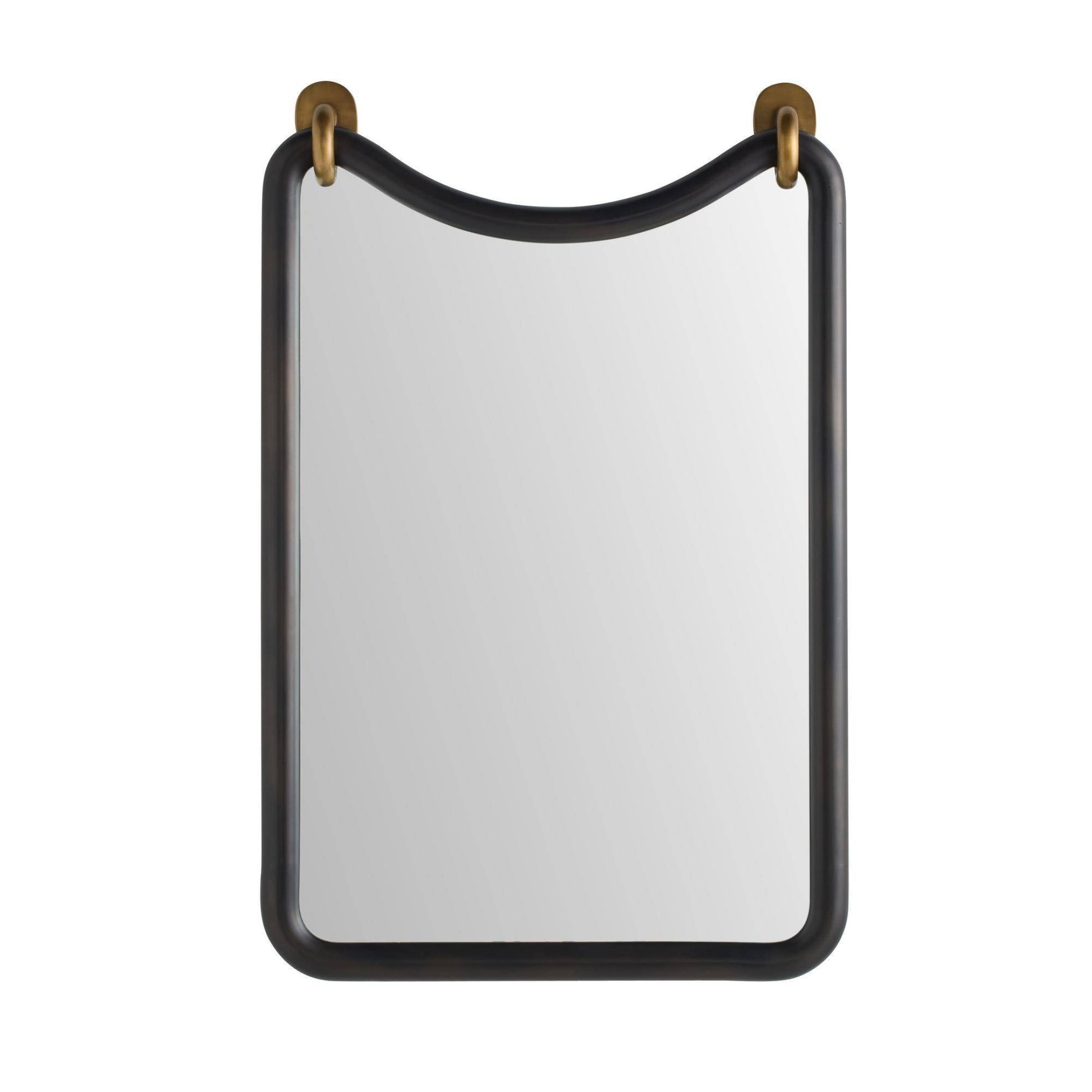 Rectangular mirror with black frame and gold accents on a white background