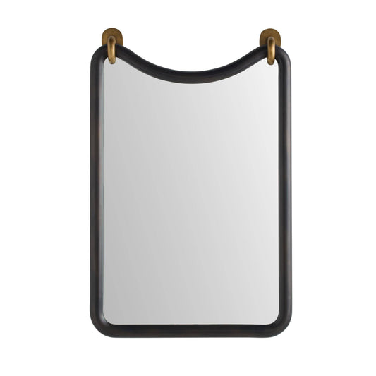 Rectangular mirror with black frame and gold accents on a white background