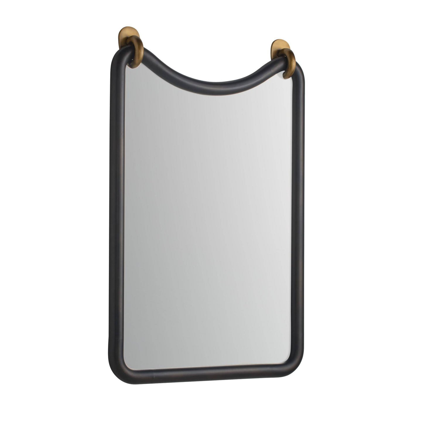 A rectangular wall mirror with a dark charcoal gray frame and small gold-toned wall rings at the top corners, shown against a plain white background.