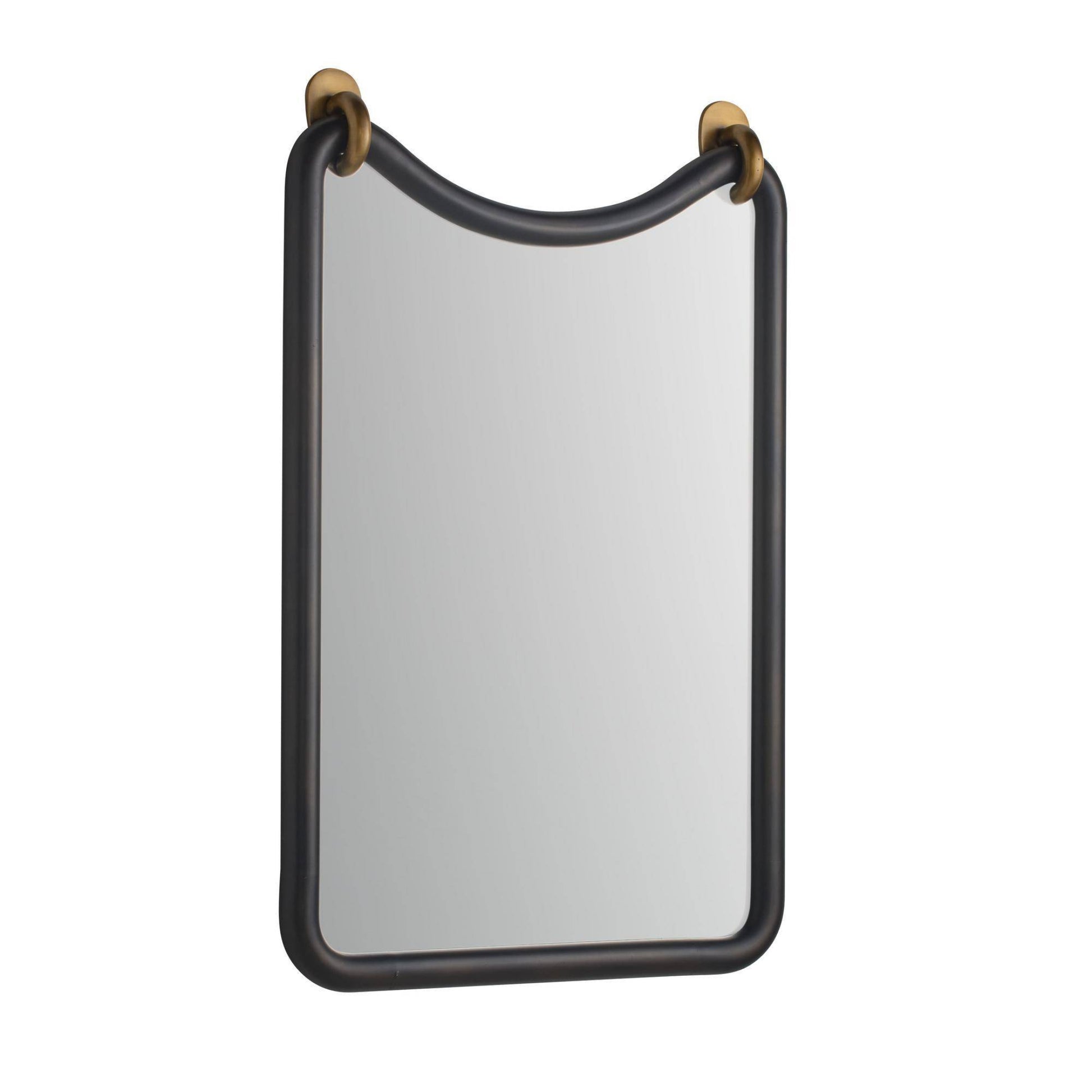 A rectangular wall mirror with a dark charcoal gray frame and small gold-toned wall rings at the top corners, shown against a plain white background.