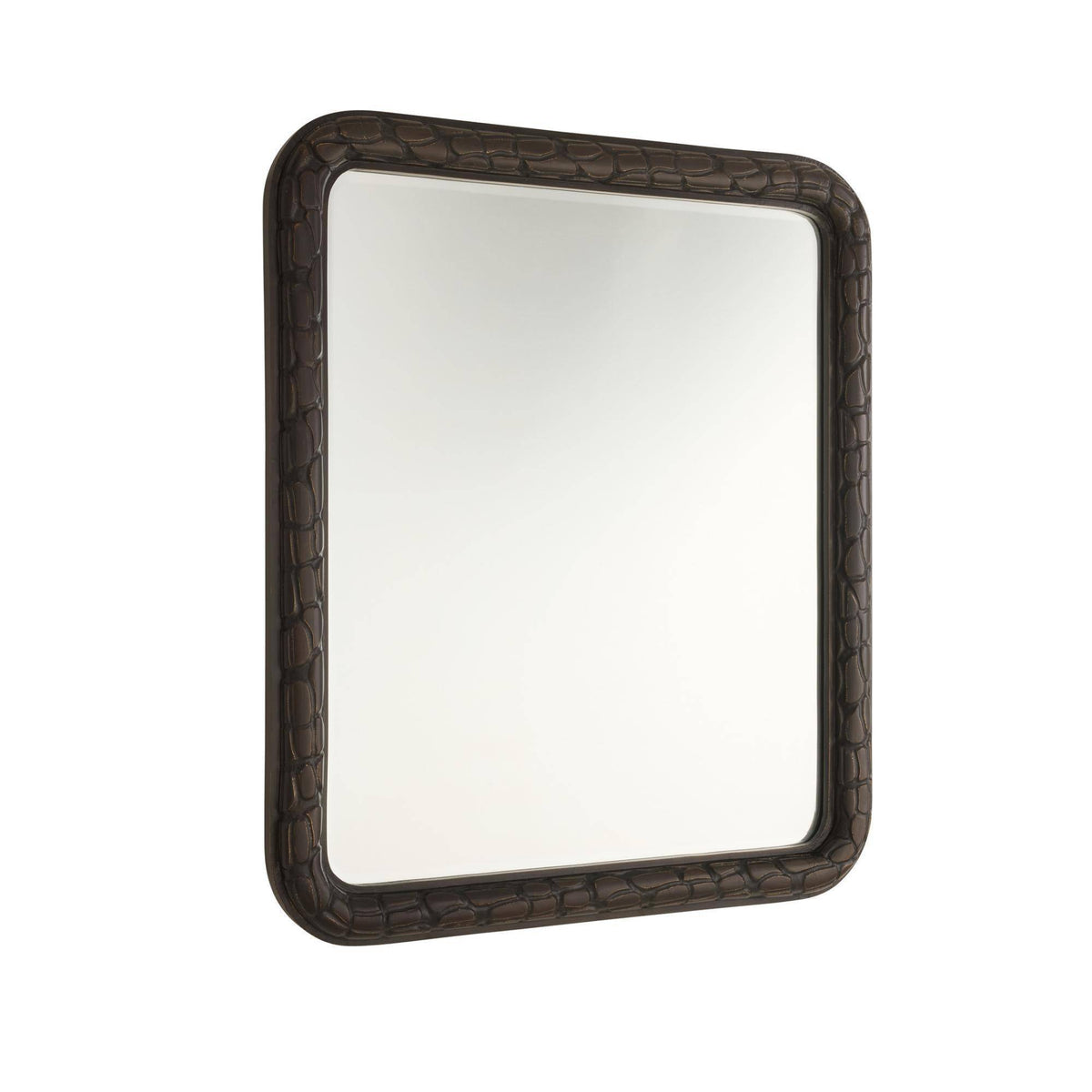 Rectangular mirror with decorative brown frame on a white background