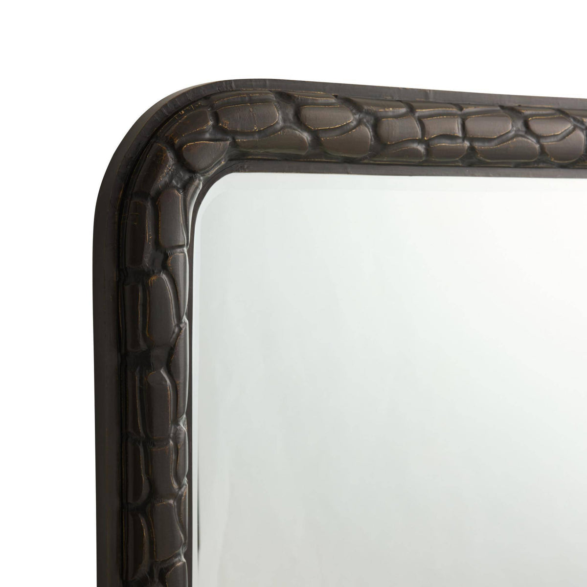 Rectangular mirror with a textured bronze frame on a white background